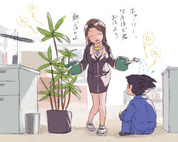 Rule 34 | 1boy, 1girl, :d, ace attorney, black footwear, black hair, black jacket, black skirt, black suit, blue jacket, blue pants, blue suit, blush, brown hair, charley (ace attorney), closed eyes, desk, formal, highres, holding, holding watering can, indoors, jacket, knees together feet apart, knees up, lapel pin, lapels, long hair, long sleeves, magatama, mia fey, miniskirt, no nose, on floor, open mouth, pants, parted bangs, pencil skirt, phoenix wright, photosynthesis, plant, potted plant, scarf, shoes, short hair, sitting, skirt, skirt suit, smile, spiked hair, standing, suit, translated, waroring255, watering, watering can, white footwear, yellow scarf