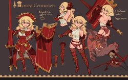 Rule 34 | 1girl, arm up, armored boots, armpits, ass, bare shoulders, black background, blonde hair, boots, breasts, brown panties, centurii-chan, centurii-chan (artist), character name, closed mouth, demon, english text, fur trim, garter belt, gauntlets, high heel boots, high heels, highres, holding, holding polearm, holding shield, holding weapon, lance, large breasts, long hair, looking at viewer, looking back, multiple views, original, panties, polearm, red eyes, red thighhighs, sharp teeth, shield, short hair, simple background, smile, teeth, thighhighs, underwear, weapon