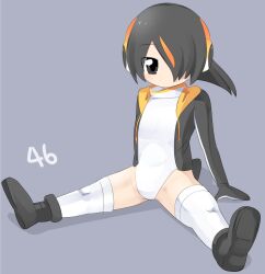 Rule 34 | 1girl, black eyes, black footwear, black hair, black jacket, boots, closed mouth, commentary request, emperor penguin (kemono friends), expressionless, flat chest, full body, grey background, hair between eyes, hair over one eye, headphones, highres, jacket, kemono friends, lets0020, long bangs, looking at viewer, multicolored hair, numbered, one-piece swimsuit, open clothes, open jacket, orange hair, short hair, simple background, sitting, solo, spread legs, streaked hair, swimsuit, thighhighs, white one-piece swimsuit, white thighhighs