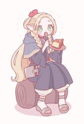 Rule 34 | 1girl, blue capelet, blue dress, blush, braid, cake, capelet, dress, dungeon meshi, eating, elf, food, full body, green eyes, hair ribbon, half updo, highres, holding, holding plate, holding spoon, hood, hood down, hooded capelet, long hair, marcille donato, nicogoly, parted bangs, plate, pointy ears, red ribbon, ribbon, sandals, side braids, signature, sitting, solo, spoon, toeless footwear, wide sleeves