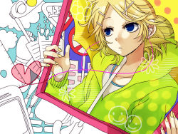 Rule 34 | 1girl, blonde hair, blue background, blue eyes, closed mouth, green hoodie, hair ornament, hairclip, heart, heart of string, holding, hood, hoodie, kagamine rin, looking up, melancholic (vocaloid), nail polish, picture frame, road sign, sign, solo, stop sign, traffic light, umbrella, upper body, vocaloid, x hair ornament, yamako (state of children), yellow nails, yield sign