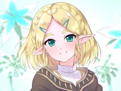 Rule 34 | 1girl, bad id, bad pixiv id, blush, braid, cloak, commentary request, crown braid, flower, green eyes, hair ornament, hairclip, looking at viewer, nintendo, parted bangs, pointy ears, portrait, princess zelda, ransusan, short hair, silent princess, smile, solo, the legend of zelda, the legend of zelda: breath of the wild, the legend of zelda: tears of the kingdom, white flower