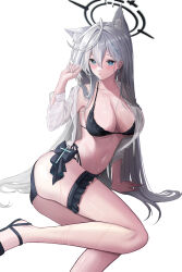 Rule 34 | 1girl, absurdres, ahoge, animal ear fluff, animal ears, arm support, bikini, black bikini, black footwear, blue archive, blue eyes, breasts, cleavage, closed mouth, collarbone, dot nose, feet out of frame, frilled bikini, frilled straps, frills, full body, grey hair, hair between eyes, hair ornament, halo, hand up, highres, hip vent, large breasts, light smile, long hair, long sleeves, looking to the side, navel, o-ring, o-ring bikini, official alternate costume, shadow, shiroko (blue archive), shiroko terror (blue archive), shirt, simple background, sitting, solo, string bikini, swimsuit, themaree, thigh strap, thighs, wet, wet clothes, wet shirt, white background, white shirt, white sleeves, yokozuwari