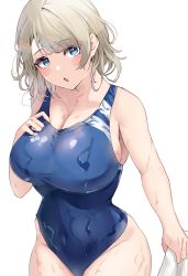 Rule 34 | 1girl, :o, bare arms, bare shoulders, blue eyes, blue one-piece swimsuit, blush, breasts, cleavage, commentary, competition swimsuit, covered navel, grey hair, highres, holding, holding towel, large breasts, looking at viewer, love live!, love live! sunshine!!, medium hair, namazu (yamasonson), one-piece swimsuit, open mouth, simple background, solo, swimsuit, towel, watanabe you, wet, white background