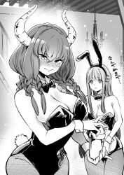 Rule 34 | 2girls, alternate costume, animal ears, aura (sousou no frieren), aura bullying (meme), bare shoulders, black bow, black bowtie, black leotard, blush, bow, bowtie, breasts, cleavage, closed mouth, cocktail shaker, commentary, cowboy shot, curvy, demon girl, demon horns, detached sleeves, drill hair, embarrassed, eyes visible through hair, fake animal ears, fake tail, fern (sousou no frieren), full-face blush, hair between eyes, highres, holding shaker, horns, indoors, large breasts, leotard, long hair, looking at another, looking at viewer, meme, monochrome, multiple girls, pantyhose, parted lips, playboy bunny, quad drills, rabbit ears, rabbit tail, sakayama shinta, simple background, solo focus, sousou no frieren, strapless, strapless leotard, tail, thigh gap, translated, tsurime, very long hair, white background, wide-eyed, wrist cuffs