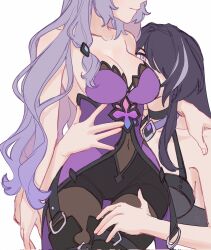 Rule 34 | 2girls, acheron (honkai: star rail), bare arms, bare shoulders, black choker, black hair, black pantyhose, black swan (honkai: star rail), bodysuit, breasts, charathegay, choker, cleavage, closed mouth, covered navel, hand on another&#039;s shoulder, hand on another&#039;s thigh, hand on another&#039;s waist, highres, honkai: star rail, honkai (series), large breasts, long hair, multiple girls, pantyhose, purple bodysuit, purple eyes, purple hair, simple background, smile, thigh gap, white background, yuri