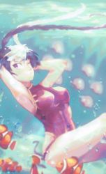 Rule 34 | 1girl, arms behind head, arms up, black hair, bubble, clownfish, feng (skullgirls), fish, marysue, multicolored hair, one-piece swimsuit, one eye closed, purple eyes, short hair, sitting, skullgirls, solo, swimsuit, two-tone hair, underwater, white hair