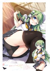 Rule 34 | 1girl, absurdres, black panties, black thighhighs, blue eyes, breasts, clothes lift, green eyes, hair ornament, highres, incredibly absurdres, indoors, kochiya sanae, lifting own clothes, long hair, looking at viewer, medium breasts, miyase mahiro, open mouth, page number, panties, school uniform, serafuku, simple background, snake hair ornament, solo, stomach, thighhighs, thighs, touhou, underwear