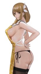 Rule 34 | 1girl, absurdres, apron, ass, ass focus, backless outfit, black panties, braid, breasts, brown hair, earrings, fire emblem, fire emblem engage, goldmary (fire emblem), hair ribbon, highres, j@ck, jewelry, large breasts, long hair, looking at viewer, nearly naked apron, nintendo, panties, ribbon, side-tie panties, sideboob, smile, solo, thighhighs, thighs, thong, tying apron, underwear, upper body, white ribbon