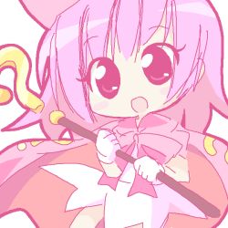 Rule 34 | 1girl, :d, benesse, bow, bowtie, cape, chibi, cowboy shot, dress, hatena yousei, holding, holding wand, mirai (sugar), open mouth, pink hair, red bow, red bowtie, red eyes, short hair, smile, solo, staff, wand, white dress
