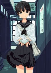 Rule 34 | 1girl, black hair, haida katsuretsu, highres, offering food, original, school uniform, solo, tagme