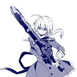 Rule 34 | &gt;:), 1girl, ahoge, assault lily, buttons, closed mouth, cowboy shot, cropped jacket, fighting stance, frilled skirt, frills, greyscale, hair between eyes, hands up, high-waist skirt, highres, holding, holding sword, holding weapon, juliet sleeves, long hair, long sleeves, looking away, low ponytail, monochrome, neck ribbon, puffy sleeves, ribbon, school uniform, simple background, skirt, solo, sorato (astllatte), standing, sword, v-shaped eyebrows, weapon, white background, yurigaoka girls academy school uniform