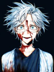 Rule 34 | 1boy, black background, black shirt, bleeding, blood, blood on clothes, blood on face, blood on neck, blue eyes, bruise on neck, chinese commentary, commentary request, glasses, highres, injury, kanou aogu, lab coat, looking at viewer, male focus, mishichao, open clothes, open mouth, rectangular eyewear, saibou shinkyoku, semi-rimless eyewear, shirt, short hair, simple background, smile, solo, teeth, upper teeth only, v-neck, white hair