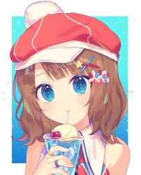 Rule 34 | 1girl, bare shoulders, blue eyes, brown hair, cabbie hat, cherry, closed mouth, collared dress, commentary request, cup, dress, drinking straw, flower, food, fruit, hair flower, hair ornament, hairclip, hat, highres, holding, holding cup, ice, ice cream, ice cream float, ice cube, idolmaster, idolmaster million live!, idolmaster million live! theater days, looking at viewer, poyo (shwjdddms249), red dress, red hat, sleeveless, sleeveless dress, solo, star (symbol), star hair ornament, suou momoko, upper body, x hair ornament