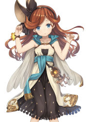 Rule 34 | 10s, 1girl, :o, bare arms, black bow, blue eyes, bow, bracelet, cape, collarbone, cowboy shot, diamond (shape), dress, flat chest, granblue fantasy, hairband, heijialan, jewelry, knees together feet apart, long hair, looking at viewer, open mouth, orange hair, sara (granblue fantasy), sash, simple background, solo, swept bangs, white background