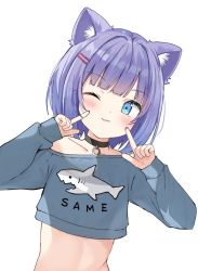 Rule 34 | 1girl, ;), animal ear fluff, animal ears, bare shoulders, black choker, blue eyes, blush, choker, closed mouth, clothes writing, collarbone, commentary request, crop top, ears visible through hair, fingers to cheeks, fox ears, grey shirt, hair ornament, hairclip, hands up, long sleeves, looking at viewer, off shoulder, one eye closed, puffy long sleeves, puffy sleeves, purple hair, romaji text, rukiroki, saeki sora, sasugano ruki, shirt, simple background, sleeves past wrists, smile, solo, upper body, virtual youtuber, white background