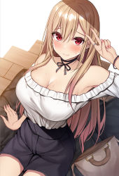Rule 34 | 1girl, bag, bead bracelet, beads, black shorts, blonde hair, blouse, blush, bracelet, breasts, cleavage, jewelry, kitagawa marin, large breasts, long hair, long sleeves, looking at viewer, off-shoulder shirt, off shoulder, red eyes, shirt, shorts, shoulder bag, smile, solo, sono bisque doll wa koi wo suru, white shirt, xe (execut3r)
