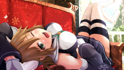 Rule 34 | 1girl, animal ears, azur lane, bare shoulders, blush, breasts, brown hair, couch, crop top, day, detached sleeves, eyelashes, feet up, full body, furutaka (azur lane), gloves, hand on own stomach, kanzaki kureha, long hair, long sleeves, looking at viewer, lying, miniskirt, on back, one eye closed, open mouth, pleated skirt, remodel (azur lane), sailor collar, skirt, solo, tears, thighhighs, white gloves, white thighhighs, window, yawning