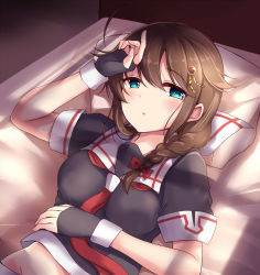 Rule 34 | 1girl, arm around waist, bed sheet, black gloves, black serafuku, black shirt, blue eyes, blush, bow, braid, breasts, fingerless gloves, gloves, hair bow, hair flaps, hair ornament, hair over shoulder, hairpin, hand on forehead, highres, indoors, kantai collection, long hair, looking at viewer, lying, medium breasts, neckerchief, on back, on bed, pillow, red bow, red neckerchief, sailor collar, school uniform, serafuku, shigure (kancolle), shigure kai ni (kancolle), shirt, short sleeves, single braid, solo, soramuko, sunlight, swept bangs, upper body, white sailor collar, window shadow