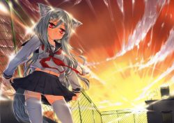 Rule 34 | 10s, 1girl, 2011, 6feather, animal ears, blush, building, cat ears, cat girl, clothes lift, cloud, female focus, fence, funeri, grey hair, hair ornament, hairpin, long hair, looking at viewer, midriff, miniskirt, navel, neckerchief, outdoors, panties, pantyshot, pleated skirt, red eyes, rooftop, scenery, school uniform, side-tie panties, skirt, skirt lift, sky, solo, standing, straight hair, sun, sunset, tail, thighhighs, underwear, uniform, upskirt, very long hair, white thighhighs, zettai ryouiki