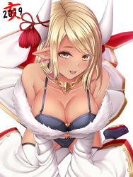 Rule 34 | 1girl, 2019, bare shoulders, blonde hair, blush, breasts, cleavage, collarbone, cropped jacket, dark-skinned female, dark skin, draph, earrings, fur trim, gloves, granblue fantasy, highres, horns, jacket, jewelry, kumbhira (granblue fantasy), large breasts, long hair, long sleeves, looking at viewer, melopun, open mouth, pointy ears, shorts, simple background, sitting, smile, solo, swept bangs, tassel, thighhighs, thighs, wariza, white background, white jacket, wide sleeves, yellow eyes