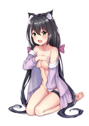Rule 34 | 1girl, animal ear fluff, animal ears, barefoot, black hair, blush, bow, breasts, cardigan, cat ears, cat girl, cleavage, collarbone, commentary, covering privates, covering breasts, covering crotch, embarrassed, fang, full body, green eyes, hair between eyes, hair bow, highres, huan (hao7551789), karyl (princess connect!), kneeling, long hair, long sleeves, medium breasts, multicolored hair, naked cardigan, open mouth, princess connect!, purple bow, purple cardigan, simple background, skin fang, solo, streaked hair, tears, thigh strap, underboob, very long hair, white background, white hair