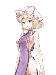 Rule 34 | 1girl, arms at sides, bad id, bad twitter id, bare arms, bare shoulders, blonde hair, bow, breasts, closed mouth, cowboy shot, hair bow, hat, hat ribbon, highres, looking at viewer, medium breasts, minust, mob cap, naked tabard, purple eyes, red bow, red ribbon, ribbon, sideboob, sidelocks, smile, solo, standing, tabard, thighhighs, touhou, white thighhighs, yakumo yukari