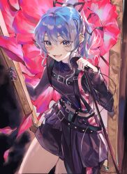 Rule 34 | 1girl, absurdres, asymmetrical clothes, belt, black gloves, black pants, black shirt, blue eyes, blue hair, chest harness, cocoballking, ear piercing, earrings, fang, flower, gloves, hair between eyes, hair ribbon, harness, highres, holding, holding microphone, hololive, hoshimachi suisei, hoshimachi suisei (shout in crisis), jewelry, long hair, long sleeves, looking at viewer, microphone, multiple belts, open mouth, pants, picture frame, piercing, pink flower, ribbon, shirt, shorts, sidelocks, sitting, star-shaped pupils, star (symbol), symbol-shaped pupils, through medium, through painting, virtual youtuber