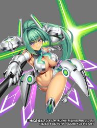 Rule 34 | &gt;:), 10s, 1girl, armpits, bare shoulders, blush, breasts, cleavage, elbow gloves, foreshortening, full body, gloves, green hair, green heart (neptunia), groin, hair ornament, large breasts, long hair, looking at viewer, navel, neptune (series), obui, ponytail, power symbol, power symbol-shaped pupils, purple eyes, revealing clothes, smile, solo, symbol-shaped pupils, underboob, v-shaped eyebrows, vert (neptunia), very long hair, white gloves
