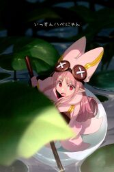 Rule 34 | 1girl, blush, breasts, button eyes, buttons, echo (circa), fate/grand order, fate (series), habetrot (fate), hat, hood, hooded jacket, jacket, leaf, long hair, long sleeves, looking at viewer, open mouth, pink hair, pink hat, pink jacket, pointy ears, red eyes, sidelocks, small breasts, solo, translation request