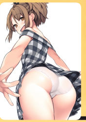 Rule 34 | 1girl, :d, absurdres, aho chan, ass, brown eyes, brown hair, checkered clothes, checkered dress, cowboy shot, dress, from behind, from below, giuniu, highres, looking back, medium hair, off-shoulder dress, off shoulder, open mouth, original, outstretched arms, outstretched hand, panties, plaid, plaid dress, ponytail, scan, sidelocks, smile, solo, underwear, white panties