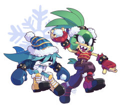 Rule 34 | 1boy, 1girl, blue gloves, evan stanley, fingerless gloves, furry, furry female, furry male, gloves, hat, highres, holding snowball, kitsunami the fennec, open mouth, red gloves, sharp teeth, shoes, signature, simple background, snowflakes, sonic (series), sonic the hedgehog (idw), surge the tenrec, teeth, watermark, white background