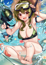 Rule 34 | 2girls, :d, arm strap, bare arms, bare legs, bare shoulders, barefoot, bikini, black gloves, blush, breasts, commentary, creeper, fang, fingerless gloves, flower, gloves, goggles, goggles on head, green bikini, green hair, highres, holding, holding water gun, innertube, large breasts, long hair, looking at viewer, minecraft, multiple girls, nail polish, open mouth, personification, pink flower, red eyes, sitting, smile, snorkel, squchan, stomach, swim ring, swimsuit, thighs, toenail polish, toenails, water, water gun