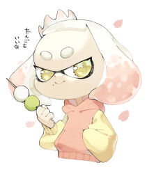 Rule 34 | 1girl, a a2001214, closed mouth, commentary request, crown, dango, falling petals, flower-shaped pupils, food, gradient hair, highres, holding, holding food, hood, hoodie, inkling, looking at viewer, mole, mole under mouth, multicolored hair, nintendo, pearl (splatoon), petals, pink hair, pink hoodie, short hair, simple background, smile, solo, splatoon (series), splatoon 2, symbol-shaped pupils, tentacle hair, thick eyebrows, translation request, two-tone hair, upper body, wagashi, white background, white hair, yellow eyes, yellow sleeves