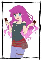Rule 34 | 1girl, absurdres, bare shoulders, belt, black shirt, card, clothing cutout, gradient hair, highres, hiroki (vvkagerouvvr2), holding, holding card, kirishima romin, long hair, looking at viewer, miniskirt, multicolored hair, open mouth, pantyhose, purple hair, purple pantyhose, red skirt, shirt, shoulder cutout, simple background, skirt, yu-gi-oh!, yu-gi-oh! sevens