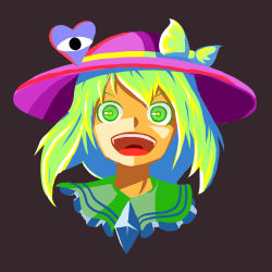 Rule 34 | 1girl, alternate color, black background, crazy eyes, crazy smile, glowing, hat, highres, komeiji koishi, looking at viewer, open mouth, peroponesosu., portrait, purple hat, smile, solo, teeth, tongue, touhou, upper body