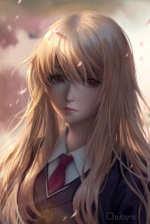 Rule 34 | 1girl, artist name, black jacket, blonde hair, brown eyes, cherry blossoms, chuby mi, closed mouth, collared shirt, commentary, hair between eyes, highres, jacket, lens flare, long hair, looking at viewer, necktie, petals, realistic, red necktie, sakura-sou no pet na kanojo, school uniform, shiina mashiro, shirt, solo, suit jacket, upper body, watermark, wing collar