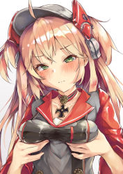 Rule 34 | 1girl, 3:, admiral hipper (azur lane), ahoge, azur lane, blonde hair, blush, breast conscious, breasts, breasts squeezed together, buttons, choker, closed mouth, collarbone, commentary, cross, crossed bangs, gradient background, green eyes, grey background, grey shirt, hair between eyes, hat, head tilt, headgear, highres, iron cross, long hair, looking at viewer, mole, mole under eye, nonaturednerd, red sleeves, shirt, sidelocks, simple background, sleeves rolled up, small breasts, solo, two-tone shirt, two side up, upper body, white background