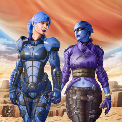 Rule 34 | 2girls, alien, armor, artist name, asari (mass effect), black pants, blue armor, blue hair, blue skin, colored skin, gloves, green eyes, highres, holding hands, jacket, leighkellogg, looking at another, mass effect: andromeda, mass effect (series), midriff, multiple girls, navel, pants, pelessaria b&#039;sayle, ponytail, purple eyes, purple gloves, purple jacket, purple lips, science fiction, space, watch, wristwatch