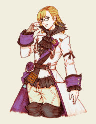 Rule 34 | 1girl, warrior of light (ff14), blonde hair, blue eyes, boots, commentary, commission, cowboy shot, final fantasy, final fantasy xiv, glasses, hyur, jacket, long hair, long jacket, looking at viewer, manreeree, simple background, solo, standing, thigh boots, thighhighs, white background