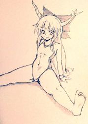 Rule 34 | 1girl, alternate costume, arm support, bare legs, barefoot, bow, breasts, closed mouth, commentary request, competition swimsuit, covered navel, d-m (dii emu), eyelashes, fang, feet, greyscale, hair bow, happy, horns, ibuki suika, long hair, looking at viewer, monochrome, one-piece swimsuit, oni horns, open mouth, simple background, sketch, smile, soles, swimsuit, toes, touhou, traditional media, very long hair