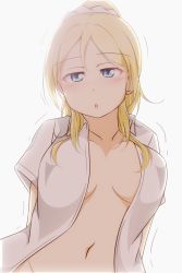 Rule 34 | 10s, 1girl, ayase eli, blonde hair, blue eyes, blush, bottomless, breasts, cleavage, feitonokesin, hair between eyes, hair ornament, hair scrunchie, half-closed eyes, highres, implied sex, large breasts, long hair, looking at viewer, love live!, love live! school idol project, motion lines, naked shirt, navel, no bra, open clothes, open mouth, open shirt, out-of-frame censoring, ponytail, scrunchie, sexually suggestive, shirt, simple background, solo, upper body, white background