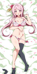 Rule 34 | 1girl, absurdres, bed sheet, black thighhighs, blush, bra, breasts, cleavage, collarbone, commentary request, dakimakura (medium), eggman (pixiv28975023), floral print, flower knight girl, frilled bra, frilled panties, frills, from above, full body, hair ribbon, highres, unworn legwear, long hair, looking at viewer, lying, medium breasts, navel, on back, open mouth, panties, panty pull, petals, pink bra, pink eyes, pink hair, pink panties, ribbon, sangobana (flower knight girl), side-tie panties, sidelocks, single thighhigh, solo, thighhighs, thighs, underwear