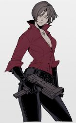 Rule 34 | 1girl, ada wong, belt, black belt, black gloves, black pants, bob cut, breasts, brown eyes, brown hair, buttons, cleavage, collared shirt, contrapposto, cowboy shot, cross, cross necklace, finger on trigger, gloves, gun, hair between eyes, highres, holding, holding gun, holding weapon, jewelry, long sleeves, looking to the side, medium breasts, necklace, oimo (oimkimn), pants, popped collar, red shirt, resident evil, resident evil 6, shirt, short hair, sleeves rolled up, solo, weapon, white background