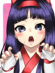 Rule 34 | 1girl, ainu clothes, artist name, breasts, claw pose, fingerless gloves, gloves, hair ribbon, highres, japanese text, long hair, looking at viewer, nakoruru, open mouth, purple eyes, purple hair, ribbon, samurai spirits, snk, solo, source request, sweatdrop, teeth, the king of fighters, tongue, translated