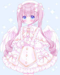 Rule 34 | 1girl, beret, blue background, blue eyes, blush, bow, brown hair, capelet, closed mouth, commentary request, dress, feathered wings, frilled capelet, frilled dress, frills, hair bow, hat, highres, himetsuki luna, long sleeves, looking at viewer, original, own hands together, puffy long sleeves, puffy sleeves, ringlets, sidelocks, signature, simple background, smile, solo, sparkle, twintails, white bow, white capelet, white dress, white hat, white wings, wings