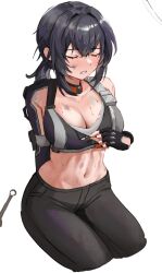 1girl black_gloves black_hair breasts cleavage closed_eyes fingernails gloves grace_howard hair_between_eyes highres inakidayo large_breasts long_hair navel open_clothes pointy_ears sidelocks sitting solo sweatdrop white_background zenless_zone_zero