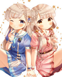 Rule 34 | 2girls, absurdres, blue dress, blue eyes, blue neckwear, blush, braid, braided bangs, brown eyes, closed mouth, commentary request, dress, grey hair, grin, hair over shoulder, twirling hair, hand up, highres, hisakawa hayate, hisakawa nagi, holding hands, idolmaster, idolmaster cinderella girls, idolmaster cinderella girls starlight stage, long hair, low twintails, multiple girls, one eye closed, pink dress, pink neckwear, plaid neckwear, pleated dress, puffy short sleeves, puffy sleeves, sailor collar, sailor dress, short sleeves, siblings, simple background, sisters, sitting, smile, star (symbol), starry background, twins, twintails, v-shaped eyebrows, very long hair, white background, white sailor collar, wrist cuffs, yata (yatao zzz)