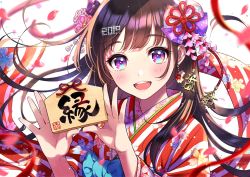 Rule 34 | 1girl, 2019, blush, brown hair, calligraphy, floral print, flower, hair flower, hair ornament, highres, holding, japanese clothes, kimono, long hair, looking at viewer, morikura en, open mouth, original, petals, purple eyes, smile, solo, teeth, upper teeth only, white background