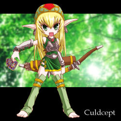 Rule 34 | 1girl, armor, arrow (projectile), bandana, barefoot, blonde hair, bow (weapon), breastplate, card, chibi, culdcept, earrings, elf, green eyes, holding, holding card, jewelry, kigi, open mouth, pointy ears, quiver, solo, thighhighs, toeless legwear, toes, weapon, white thighhighs, zettai ryouiki